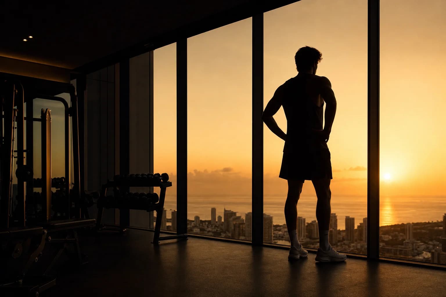 Runner silhouetted against golden dusk light in a dark gym
