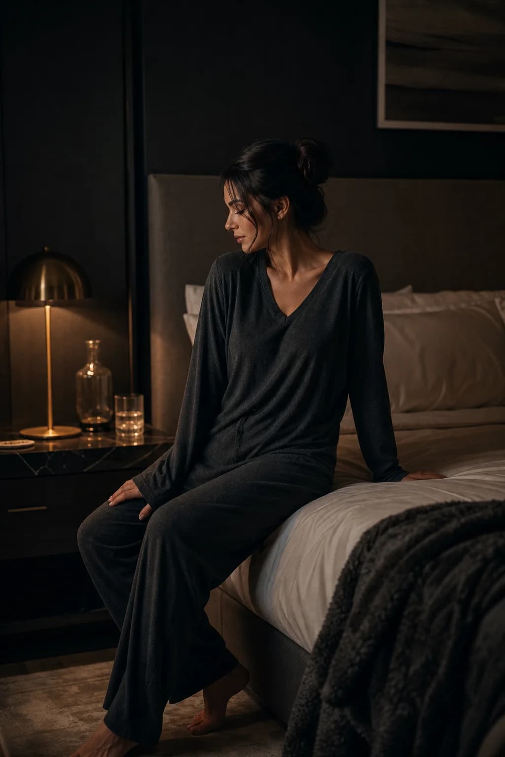 Serene dark bedroom with warm evening lamplight