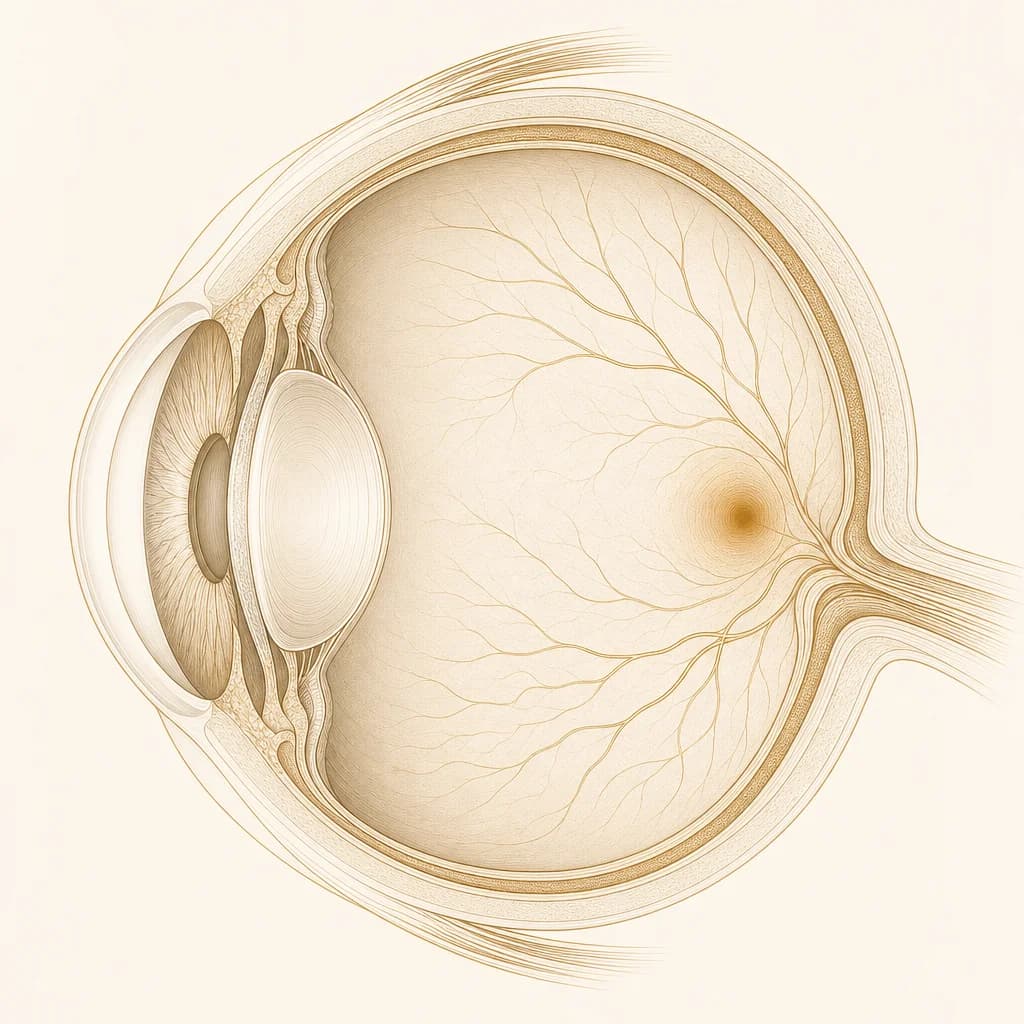 Elegant illustrated cross-section of the human eye showing the retina and macula