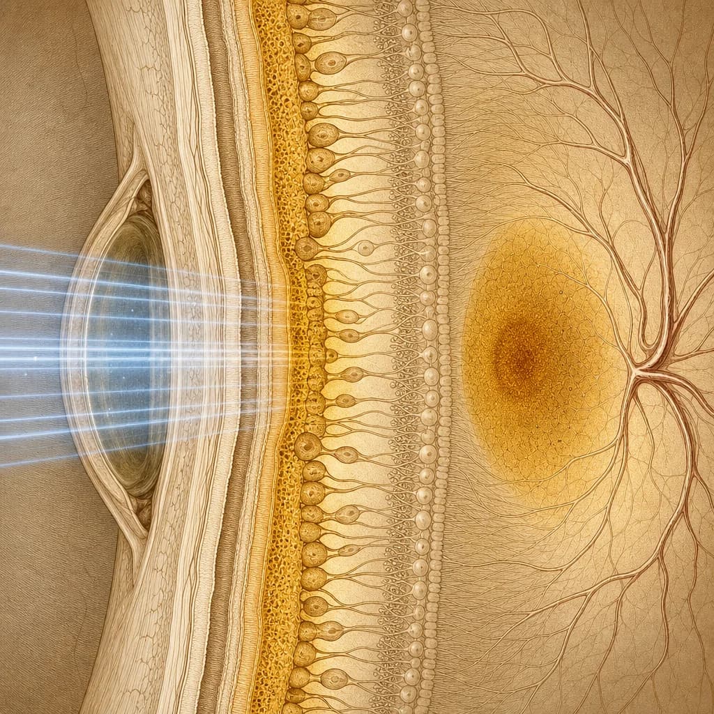 Magnified illustration of the retina and macula showing the golden macular pigment filtering incoming blue light