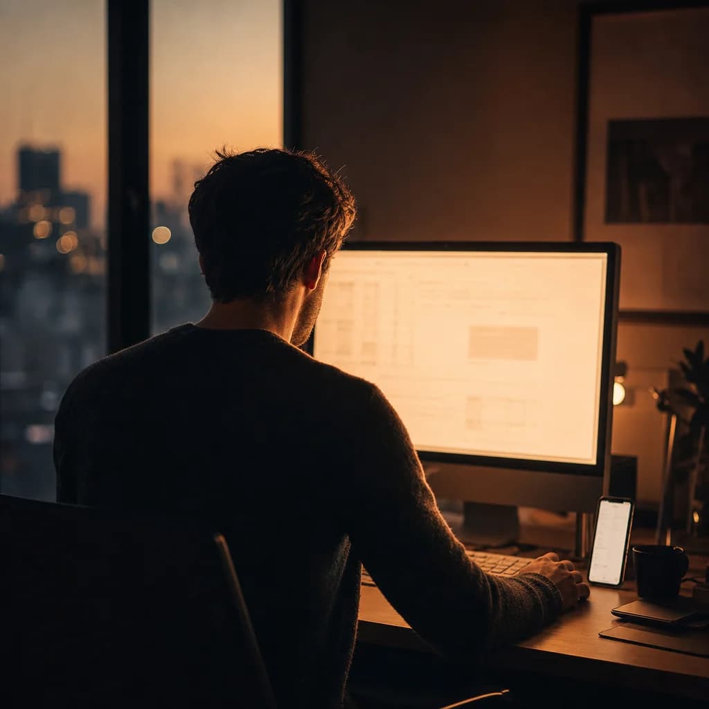 Working late into the night by monitor glow