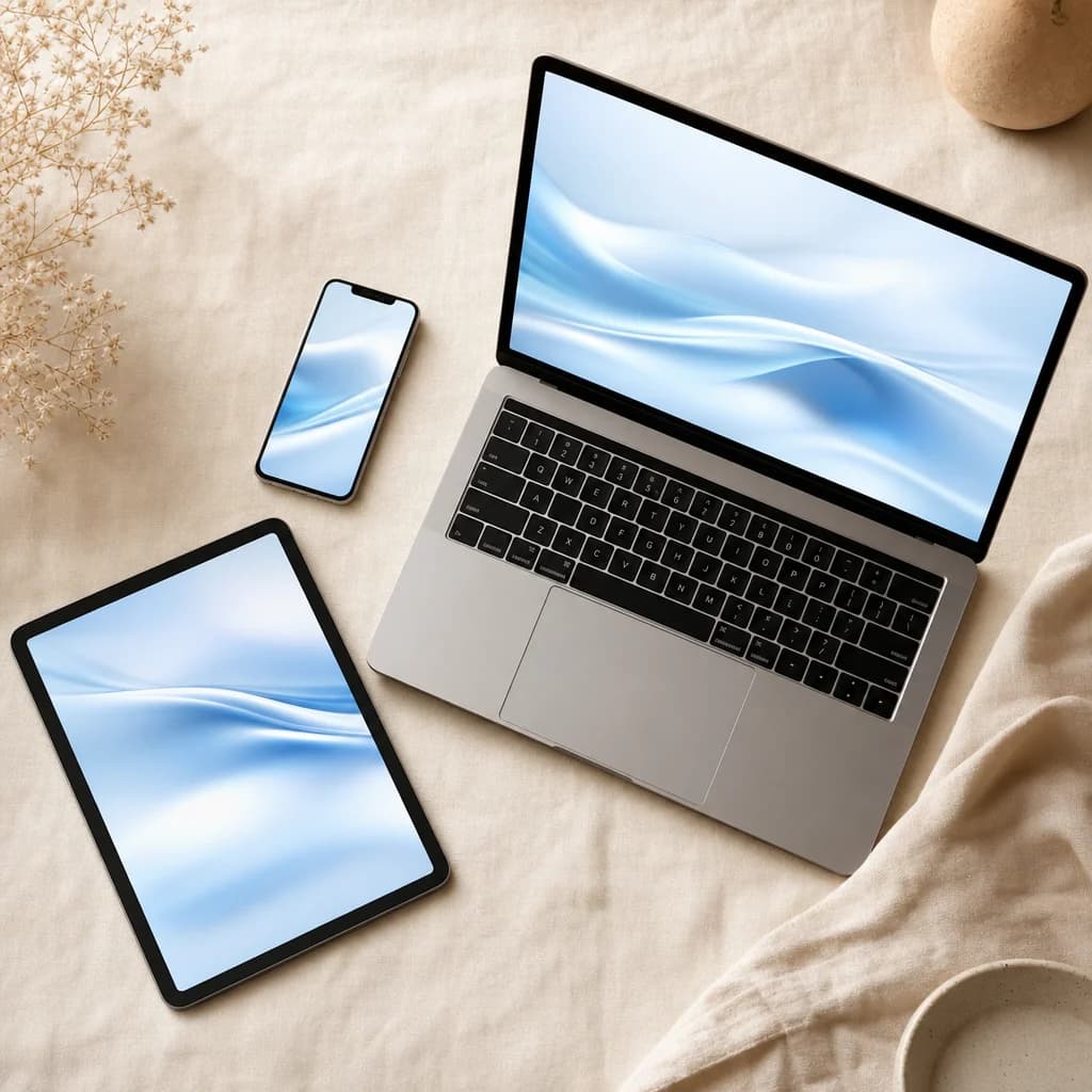 Phone, tablet and laptop screens glowing