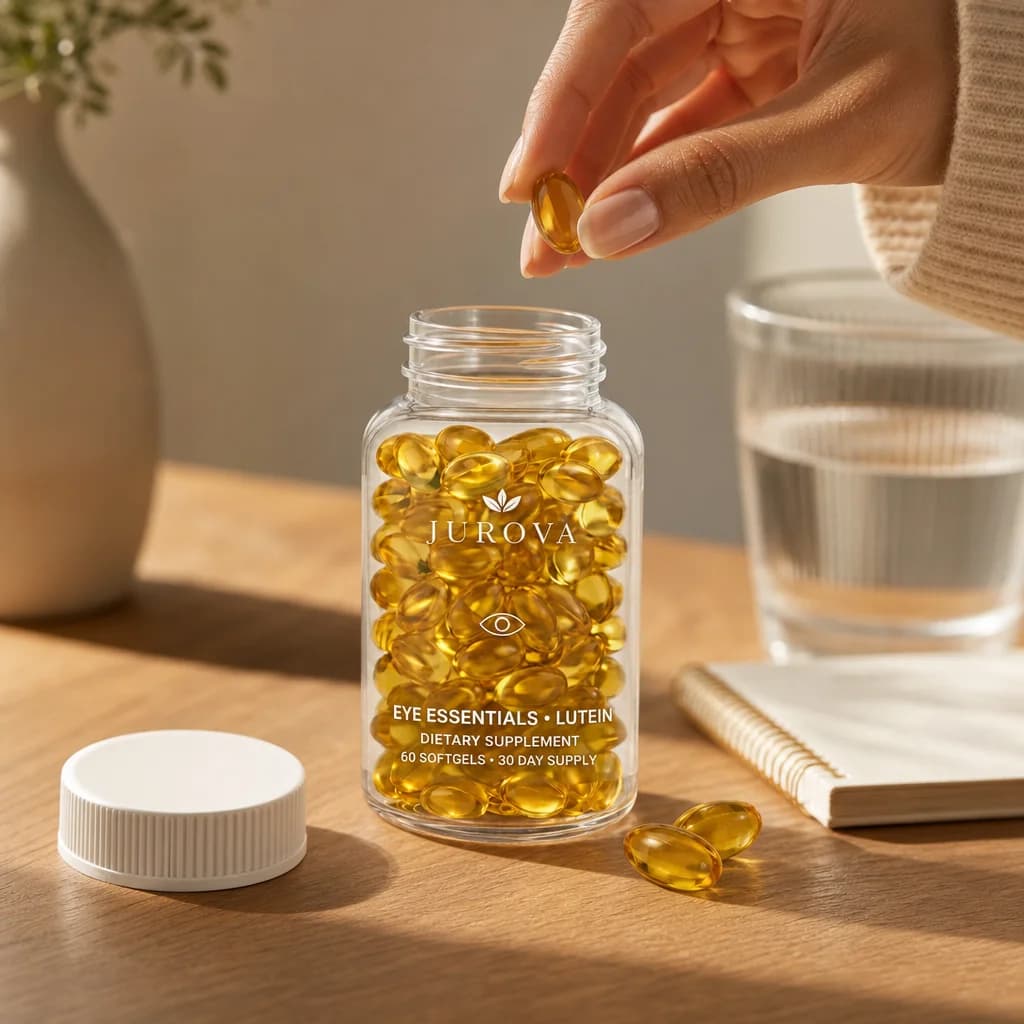 Opening a JUROVA Lutein Softgels bottle to take the daily softgels