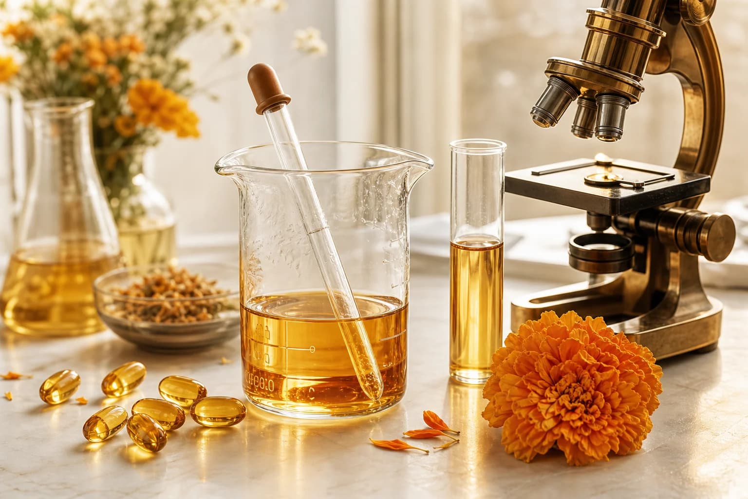 Laboratory glassware, a microscope, and golden softgels in warm natural light