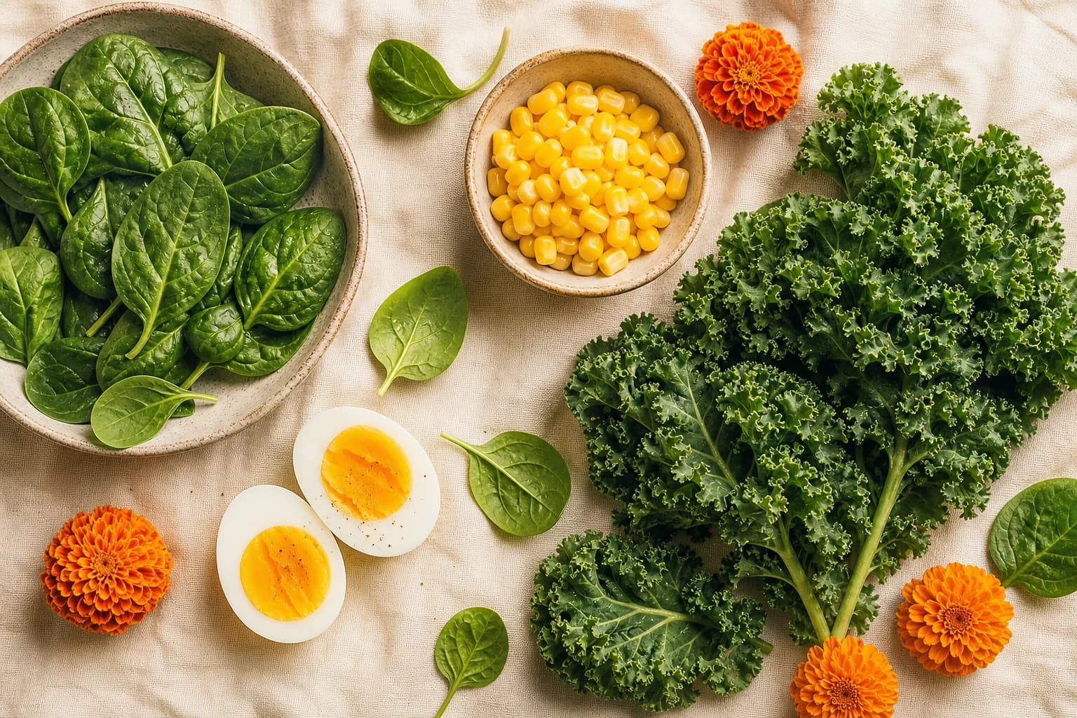 Natural sources of lutein — spinach, kale, corn, egg yolk, and marigold flowers on warm linen