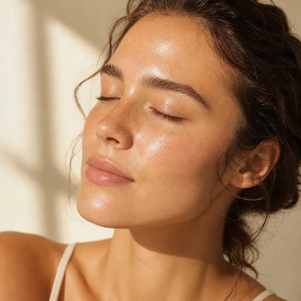 Close-up of calm, hydrated skin in warm afternoon light