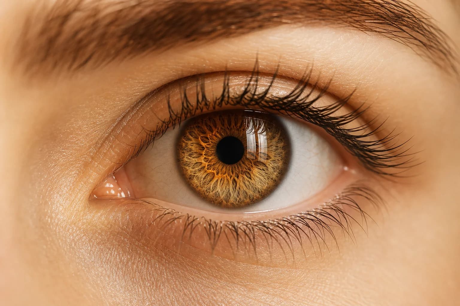 Close-up of a healthy human eye in warm light