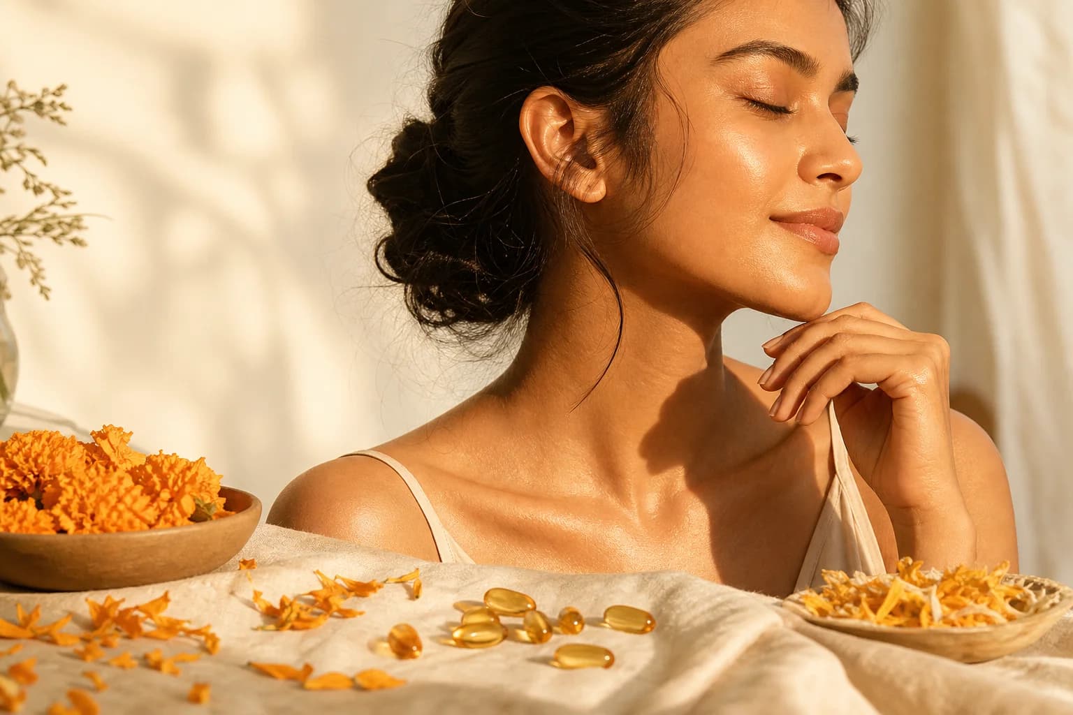 A woman with radiant skin in soft golden afternoon light beside marigold petals and golden softgels