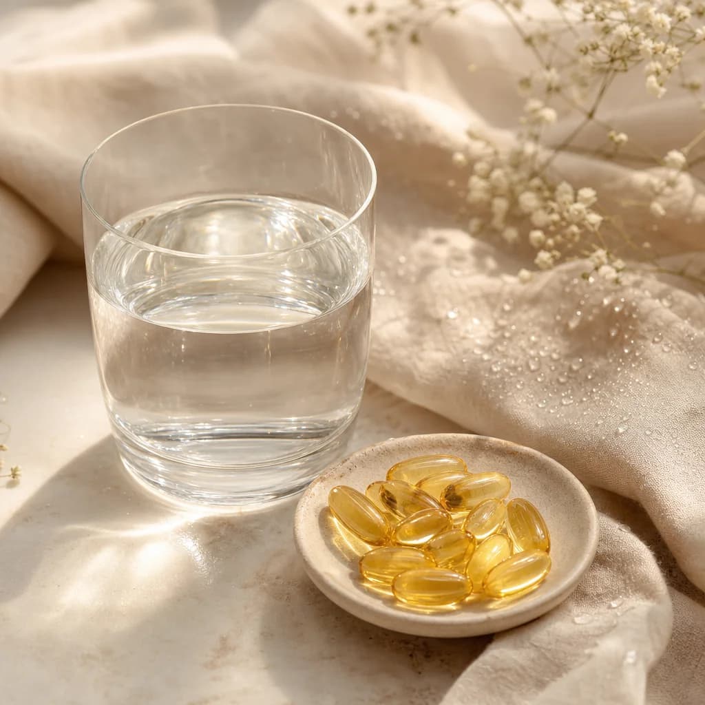 A glass of water and golden softgels on pale linen in soft daylight